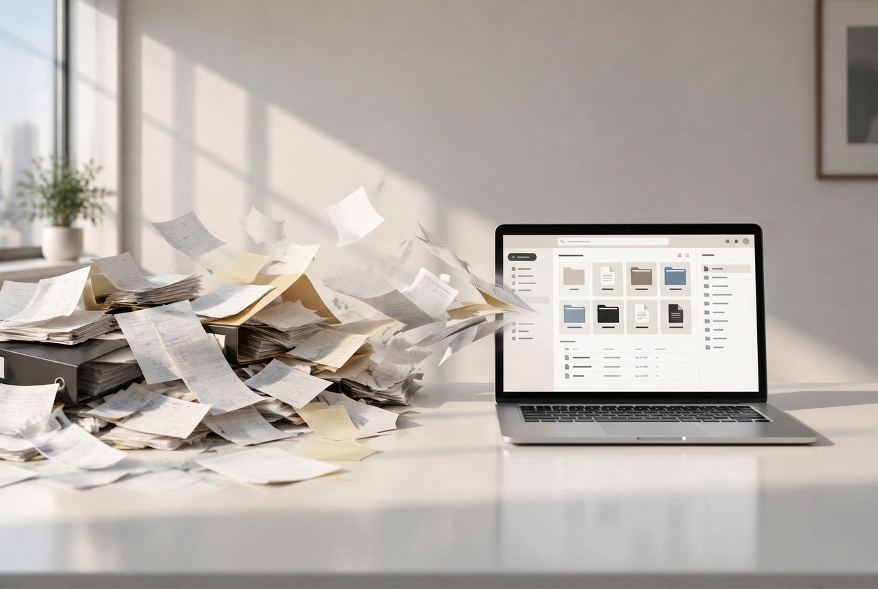 Messy loose papers and folders flowing into an open laptop whose screen shows them neatly organised